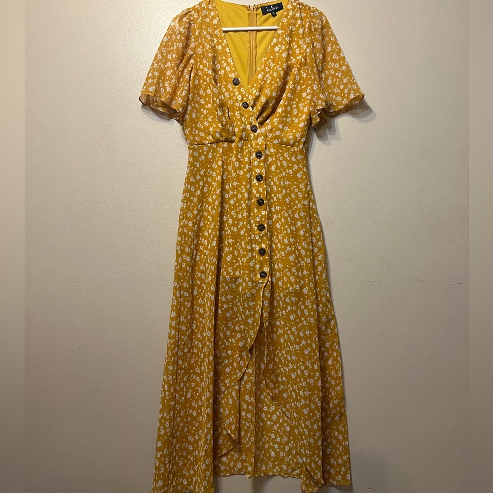 LuLu’s Mustard Yellow Floral Dress, Women’s Size M